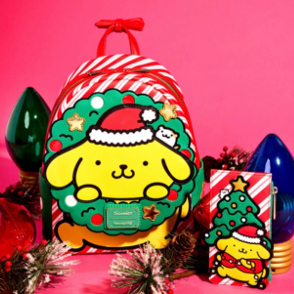 NWT Loungefly Sanrio holiday Pompompurin mini backpack and cardholder set